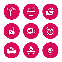 Set Bodybuilder muscle, Aroma candle, Smart watch, Alarm clock, Time to sleep, Stationary bicycle, and Carrot fork icon. Vector