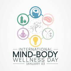 Fototapeta na wymiar International Mind and Body wellness day is observed every year on January 3rd, to remind people of the importance of wellness. Vector illustration