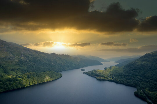 Loch Lomond aerial view at Autumn during sunrise near Tarbet