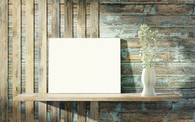 Empty frame on wooden background. Shelf with flowers. 3D rendering