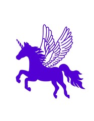 Violet vector flying unicorn horse pony Pegasus silhouette with wings.Fairytale stencil outline drawing illustration.Plotter laser cutting.T shirt print design.Vinyl wall sticker decal.Cricut.Cut.DIY