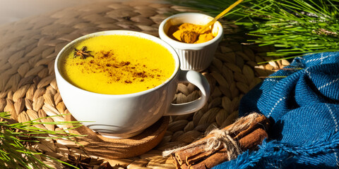Top down view of Golden milk or Turmeric Latte cup on a straw plate stand.