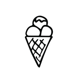 Hand drawn ice cream in a waffle cone, one element, isolate on white background