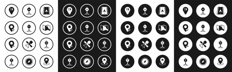 Set City map navigation, Traffic sign turn left, Location, Cafe and restaurant location, Folded, Stop, Turn back road and icon. Vector