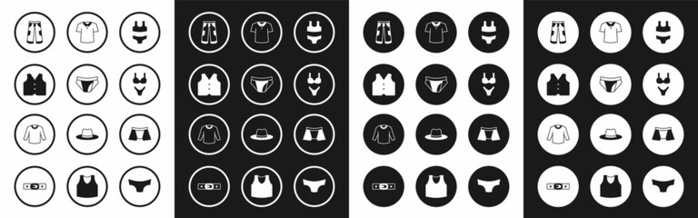 Set Swimsuit, Men underpants, Waistcoat, Pants, Shirt, and Sweater icon. Vector
