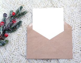 Christmas envelope, a letter with space for text on a blue shiny background.