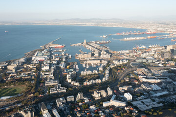 Cape town, South Africa - 5 March 2021: Aerial view of city harbour and waterfront area