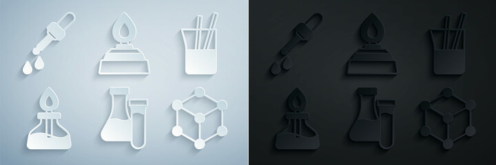 Set Test tube, Laboratory glassware, Alcohol spirit burner, Molecule, and Pipette icon. Vector