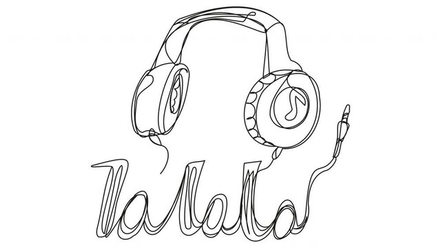 Self-drawing headphones in one line on a white screen. Lalala lettering from the send-off of a music device. 4k stock video with alpha channel for whiteboard, chalkboard, presentation.