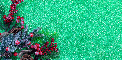 Spruce branch with red berries on a green, shiny background. Christmas background.