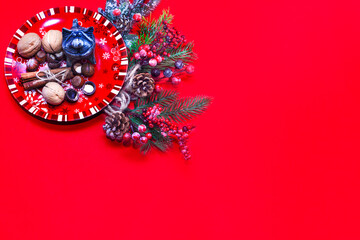 Spruce twigs on a red background. New Year's banner. Christmas background.