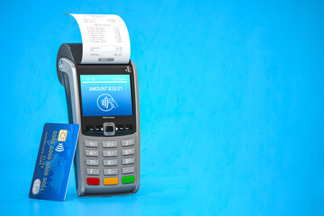 POS point of sale terminal for credit card payment on blue background. - obrazy, fototapety, plakaty