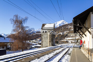 The old transformer substation or trafo at the railway station of the village Ardez in Swiss Alps....