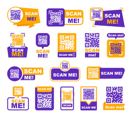 QR codes for smartphone. QR code with inscription scan me with smartphone. Scan me icon. Scan qr code icon for payment, mobile app and identification. Vector illustration. - obrazy, fototapety, plakaty