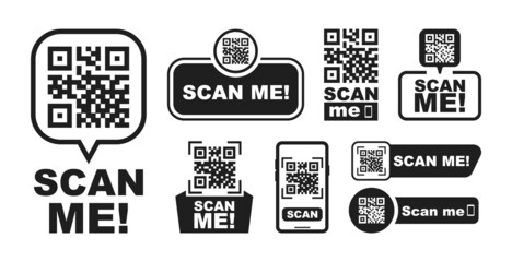Set of QR codes with inscription scan me with smartphone. Scan qr code icon. Qr code for payment, mobile app and identification. Vector illustration.