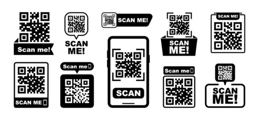 QR codes for smartphone. QR code with inscription scan me with smartphone. Scan me icon. Scan qr code icon for payment, mobile app and identification. Vector illustration.
