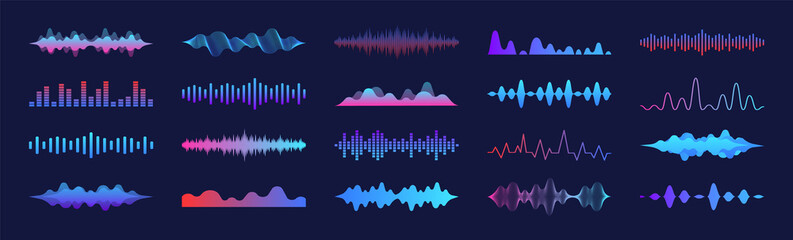 Sound waves set. Modern sound equalizer. Radio wave icons. Volume level symbols. Music frequency. Abstract digital equalizers for music app. Vector illustration.