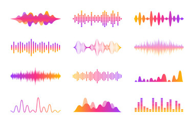Sound waves set. Modern sound equalizer. Radio wave icons. Volume level symbols. Music frequency. Abstract digital equalizers for music app. Vector illustration. - obrazy, fototapety, plakaty