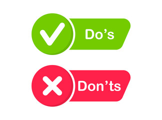 Do and Don't icons. Check mark and cross. Like and dislike symbols. Positive and negative signs. Vector illustration.