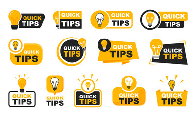 Quick tips badge set. Quick tips logo with light bulb. Top tips, helpful tricks, tooltip, advice and idea for business and advertising. Vector illustration. - obrazy, fototapety, plakaty