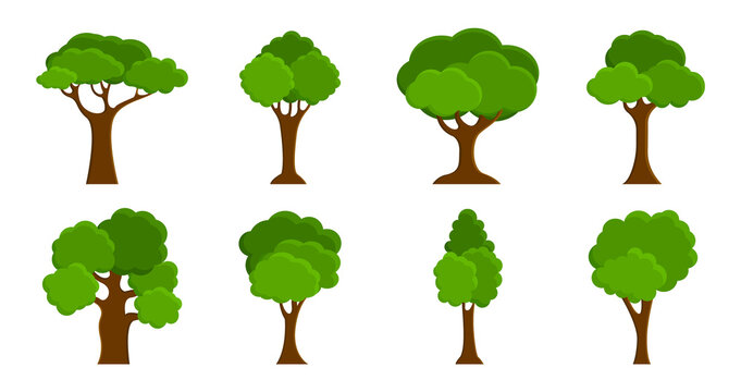 Set of flat trees. Nature and forest trees. Green tree icons for natural theme. Vector illustration.