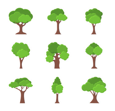 Set of flat trees. Nature and forest trees. Green tree icons for natural theme. Vector illustration.
