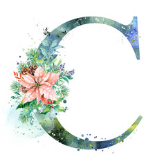 Watercolor Letter, Monogram C. Watercolor Design. Watercolor letter with Poinsettia.