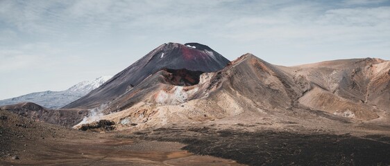 Panorama view of Mount Ngauruhoe and the Red Crater, Tongariro National Park, New Zealand