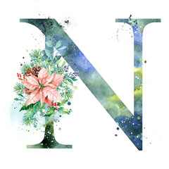 Watercolor Letter, Monogram N. Watercolor Design. Watercolor letter with Poinsettia.