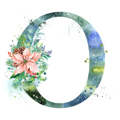 Watercolor Letter, Monogram O. Watercolor Design. Watercolor letter with Poinsettia.