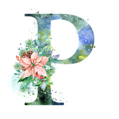 Watercolor Letter, Monogram P. Watercolor Design. Watercolor letter with Poinsettia.