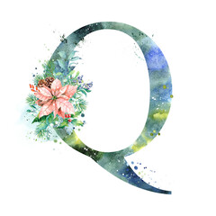 Watercolor Letter, Monogram Q. Watercolor Design. Watercolor letter with Poinsettia.
