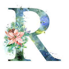 Watercolor Letter, Monogram R. Watercolor Design. Watercolor letter with Poinsettia.