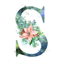 Watercolor Letter, Monogram S. Watercolor Design. Watercolor letter with Poinsettia.