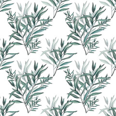 Seamless watercolor botanical pattern of eucalyptus branches. Ideal for printing on fabric
