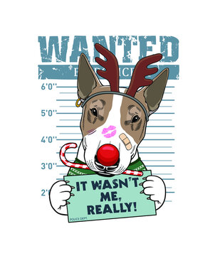 Vector illustration of a cute dog, Wanted by Police, Christmas reindeer antlers dog costume, Pet costume, Bachelor party, stag party