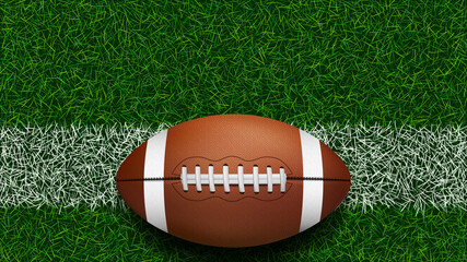 American football ball on stadium field green grass. Leather football ball detailed illustration. Sport equipment vector. American football wallpaper.