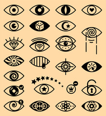 Set of eyes for logos, symbols, signs. Different pupils and irises. Conceptual and creative ideas for illustration of thoughts, articles about psychology, philosophy, history, cultures, cyber spies