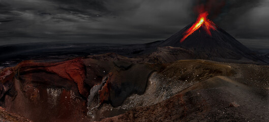 Fake eruption of Mount Ngauruhoe, Mount Doom,Tongariro national park, New Zealand - obrazy, fototapety, plakaty