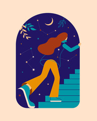 Girl dreaming and running away at night, going up the stairs through the open portal. The concept of lucid dreams, astral, escape from reality, spiritual practice, freedom, astrology. Retro style card