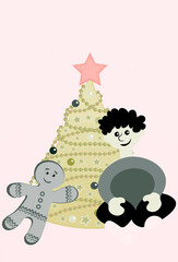 New Year and Christmas. A boy, a Christmas tree with lights and a star and a gingerbread man