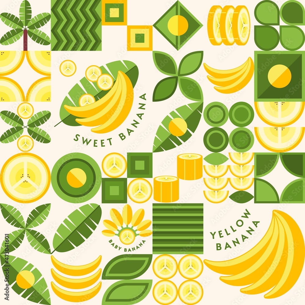 Poster background with banana design elements, logo in simple geometric style. seamless pattern with abstra
