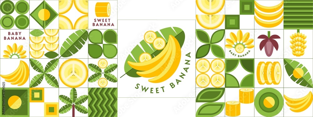 Poster set of banana design elements and logo in simple geometric style. abstract shapes. good for branding