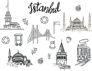 set of landmarks and monuments, turkey, istanbul, architecture vector elements and lettering isolated on bright background. Concept for logo, cards, print 