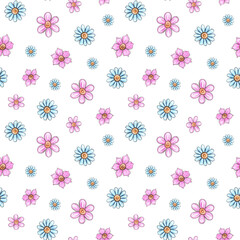 Watercolor seamless pattern of buds of pink, blue flowers. Lovely daisies. Hand drawn illustration on white background. Natural design of fabric, wrapper, wallpaper.
