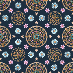 Watercolor seamless pattern of dreamcatcher amulets with daisy flower buds. Hand drawn illustration on a blue background. Light airy design of fabric, wrapping, wallpaper.