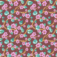 Watercolor seamless pattern of branches of a blossoming tree with leaves and flower buds, apple tree, sakura. Hand drawn illustration on pink background. Natural design of fabric, wrapper, wallpaper.