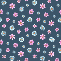 Watercolor seamless pattern of buds of pink, blue flowers. Lovely daisies. Hand drawn illustration on a blue background. Natural design of fabric, wrapper, wallpaper.