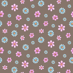 Watercolor seamless pattern of buds of pink, blue flowers. Lovely daisies. Hand drawn illustration on beige background. Natural design of fabric, wrapper, wallpaper.