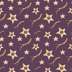 Obraz na płótnie Canvas Watercolor seamless pattern of dry tree branches and magic wooden stars with beads. Hand drawn illustration on purple background. Natural ethnic design of fabric, wrapper, wallpaper.